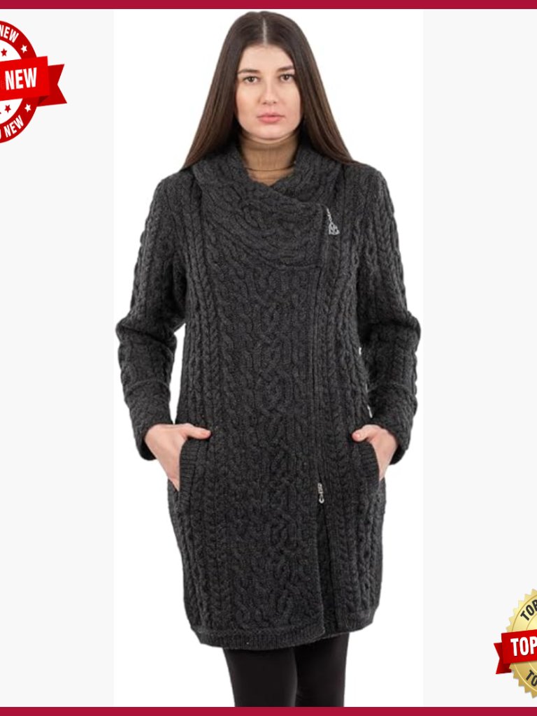 100% Merino Wool Aran Zip Cardigan Hooded With Pockets